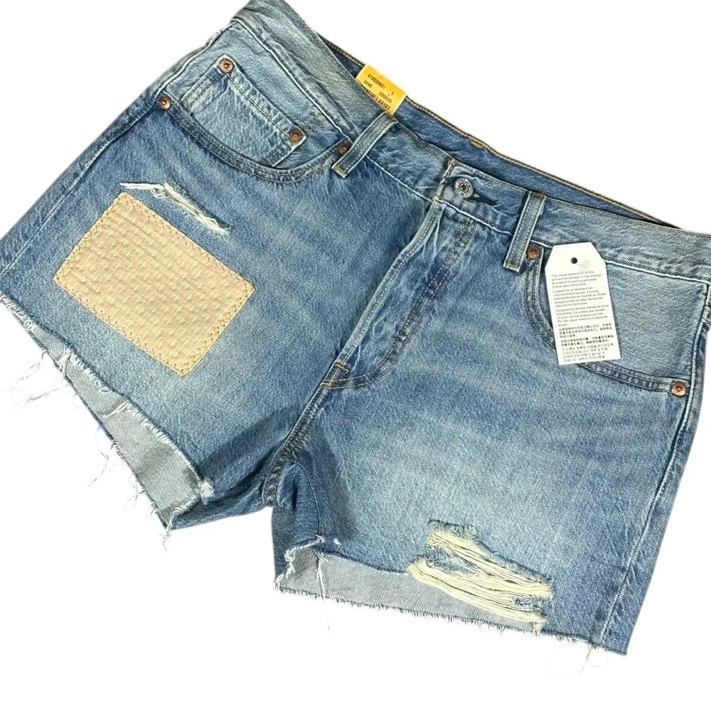 Levi's 501 Original Fit Shorts Women Size 30 Blue Distressed Patch Denim NEW